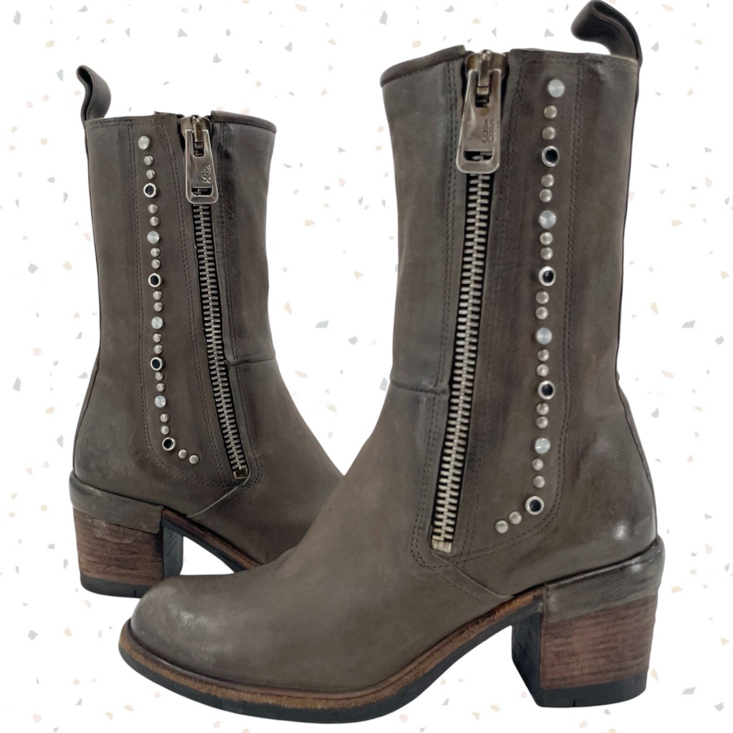 A.S.98 Jackie Boots Studded Leather Double Zip Brown Gray Mid-Calf As98 Size 37